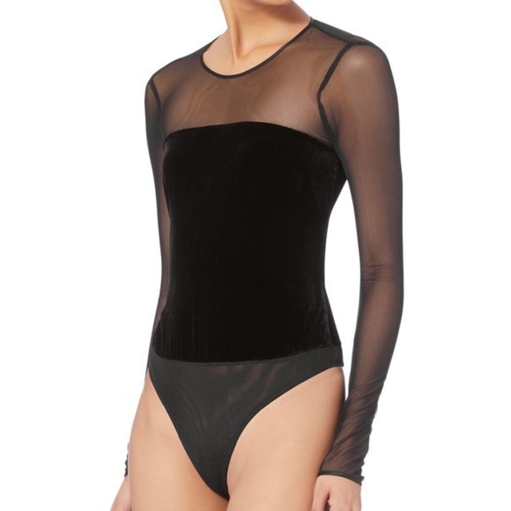 New Cinq a Sept black velvet sheer panel 90s Y2K bodysuit S